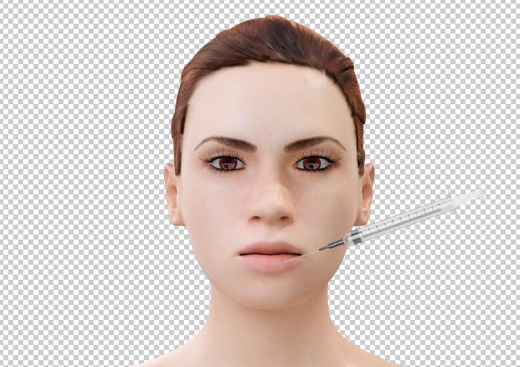 PSD inyección de botox en labios de mujer joven caricatura aislada sobre fondo blanco. representación 3d