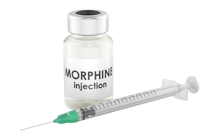PSD inyección de vial de morfina y jeringa renderizado en 3d aislado sobre un fondo transparente