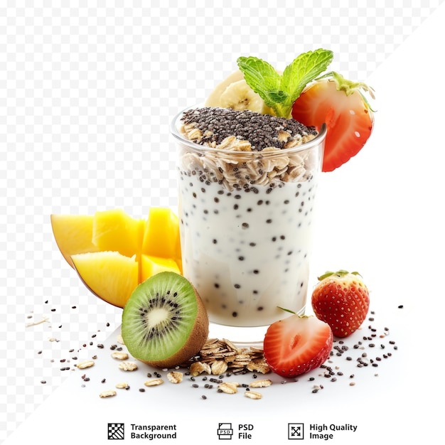 PSD iogurte branco com sementes de chia com flocos de aveia e pedaços de frutas frescas