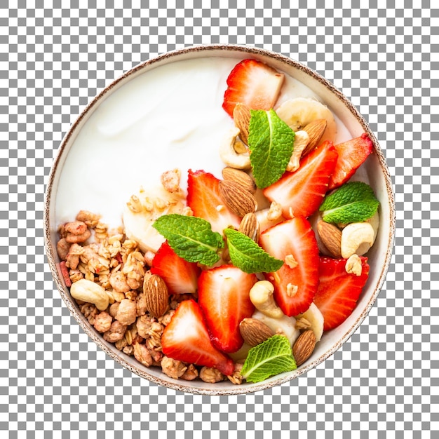 PSD iogurte fresco com morango e granola em fundo transparente