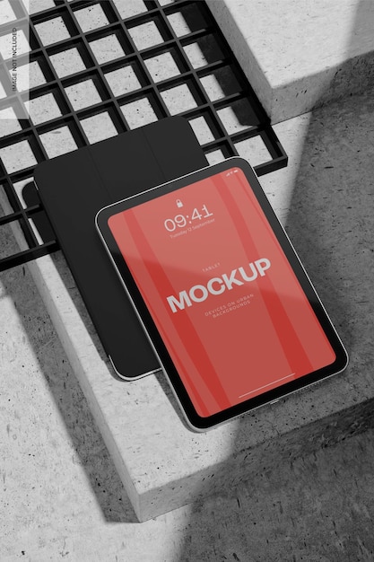 iPad Mini con custodia mockup, veduta dall'alto