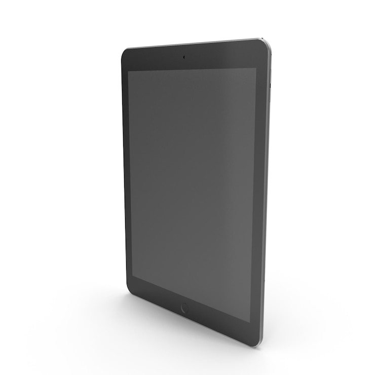 PSD un ipad negro con un fondo blanco que dice la palabra en la parte inferior