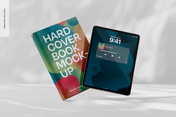 PSD ipad pro com uma maquete de livro caindo