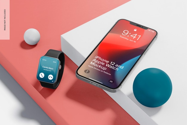 Iphone 12 und apple watch mockup, perspektive