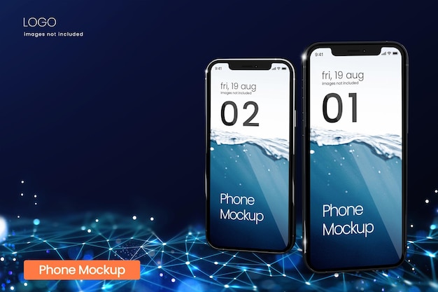 iPhone 13 futurista de dos pantallas telefónicas sobre fondo geométrico azul