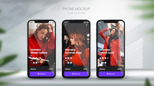iPhone 13 realista de tres pantallas de teléfono sobre fondo minimalista