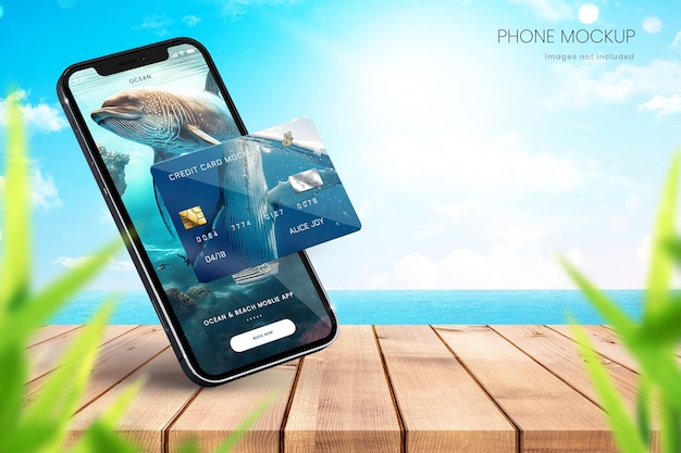 PSD iphone 13 réaliste et maquette de carte de crédit sur fond tropical lumineux
