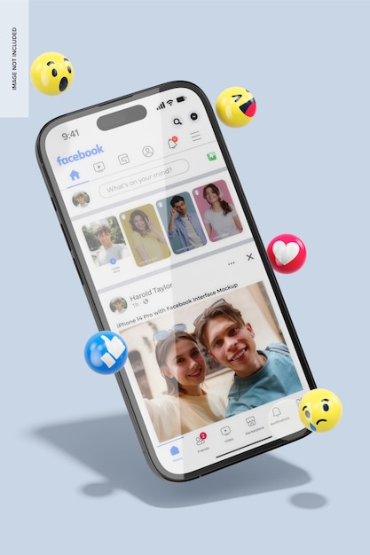 iPhone 14 Pro com maquete de interface do Facebook, flutuante