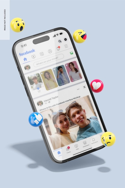 PSD iphone 14 pro com maquete de interface do facebook, flutuante