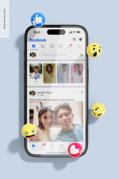 iPhone 14 Pro con maqueta de la interfaz de Facebook, vista de arriba