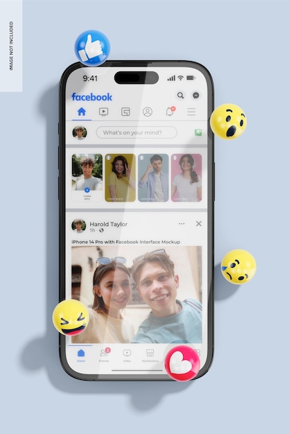 PSD iphone 14 pro con maqueta de la interfaz de facebook, vista de arriba