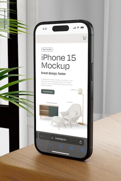 PSD iphone 15 dans une perspective de maquette de scénario domestique