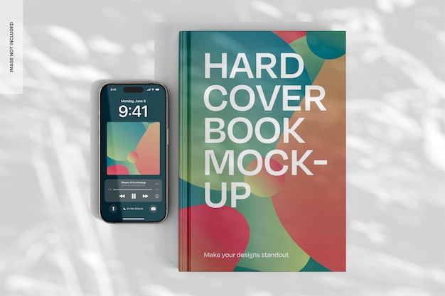 Iphone 15 pro com book mockup top view (visão superior do livro)