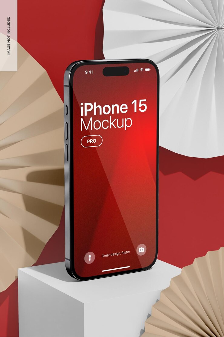 PSD iphone 15 pro com origami backdrop mockup perspectiva