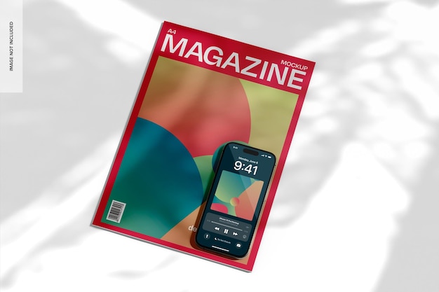 iPhone 15 Pro com revista A4 Top View 02