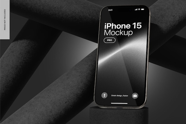 iPhone 15 Pro con maqueta de tubos cilíndricos inclinados