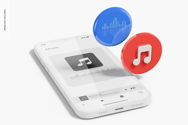 iPhone com ícone de nota musical e maquete de ícone básico, descartado