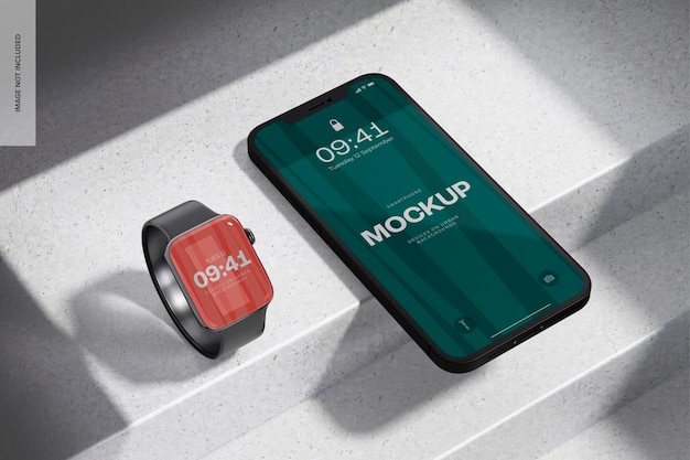 iPhone com maquete do Apple Watch, perspectiva