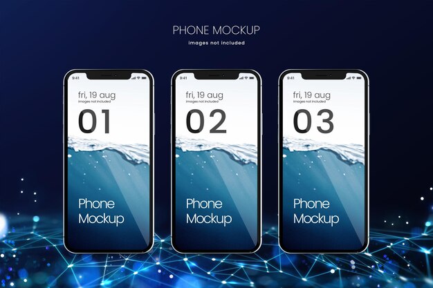 Iphone futurista 13 de três telas de telefone em fundo geométrico azul