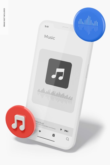 PSD iphone con icono de nota musical y maqueta de icono básico, perspectiva