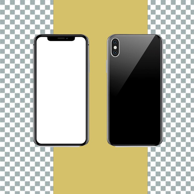 un iPhone negro y un teléfono blanco sobre un fondo amarillo