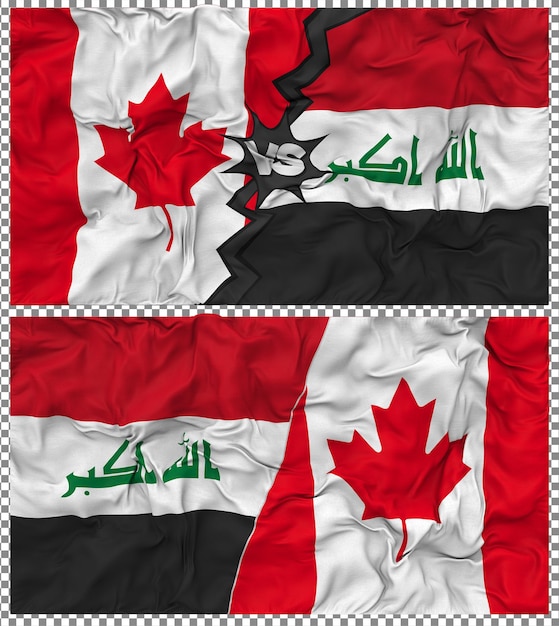 Irak gegen Kanada Halbkombinierte Flagge Stoff-Bump-Textur 3D-Rendering
