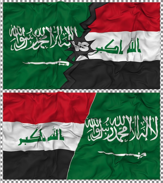 Irak gegen Saudi-Arabien Halbkombinierte Flagge Stoff-Bump-Textur 3D-Rendering