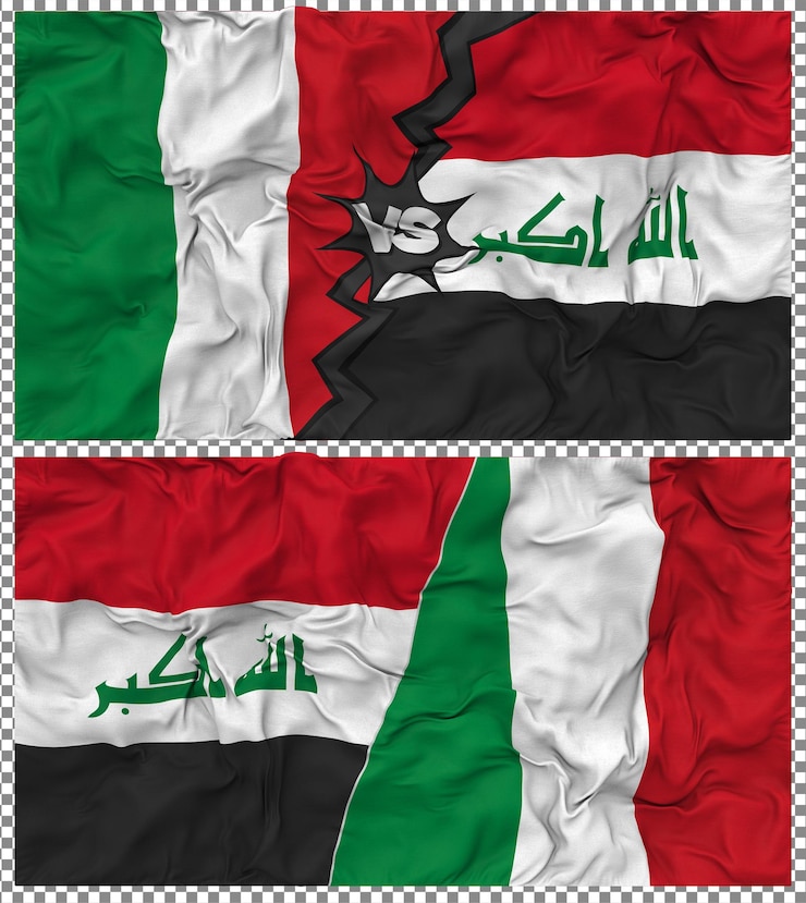 PSD iraq vs italy half combined flag cloth bump texture 3d rendering