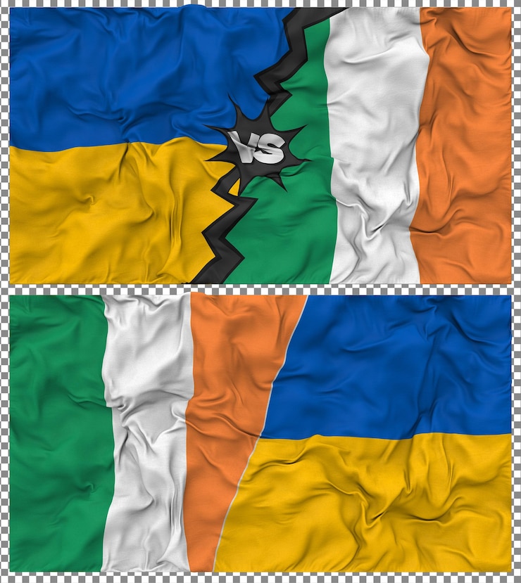 PSD ireland vs ukraine half combined flag cloth bump texture 3d rendering