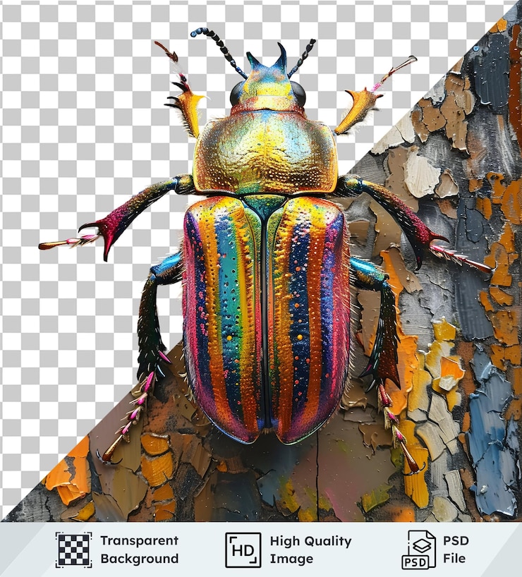 PSD iridescent beetle displays vibrant colors on textured surface