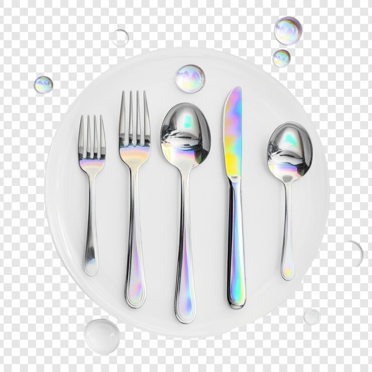 PSD iridescent cutlery on white plate with bubbles