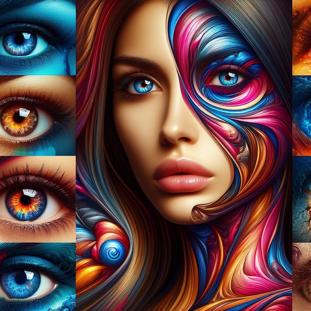 PSD iris féminin hyperréaliste œil macro peau du visage illustration colorée brillante brillante