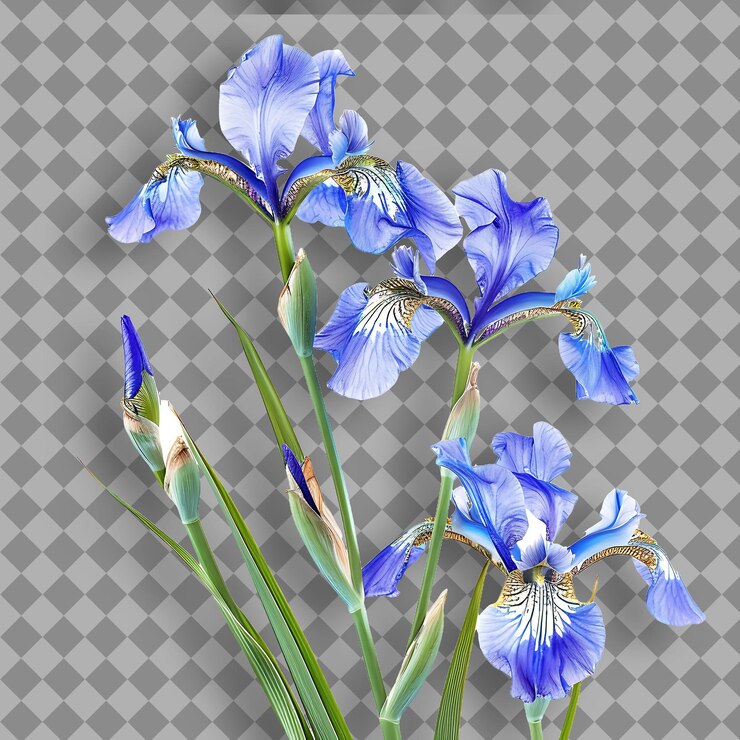 PSD iris con robusta rama recta cubierta en una gran rama de árbol aislada de flujo llamativo en bg limpio