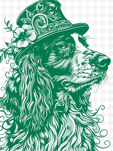 PSD irish setter dog con un sombrero de duende y animales con aspecto de trébol sketch art vector collections