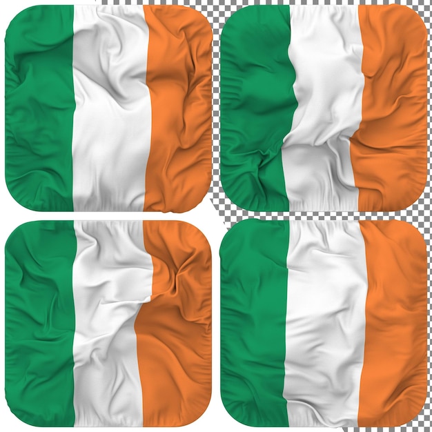 PSD irland-flagge, knappenform, isoliert, unterschiedlicher wehender stil, bump-textur, 3d-rendering