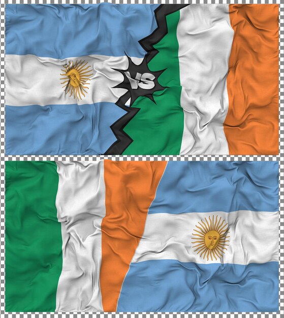 Irland gegen Argentinien Halbkombinierte Flagge Stoff-Bump-Textur 3D-Rendering