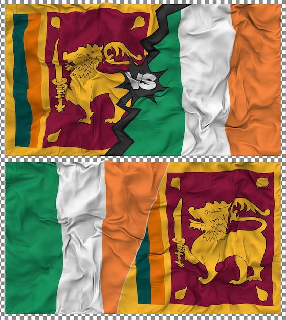 Irland gegen Sri Lanka Halbkombinierte Flagge Stoff-Bump-Textur 3D-Rendering