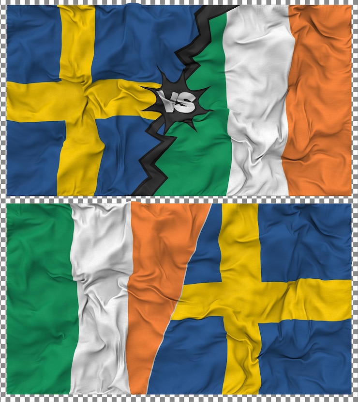 PSD irlanda contra suecia media bandera combinada con textura 3d de la tela