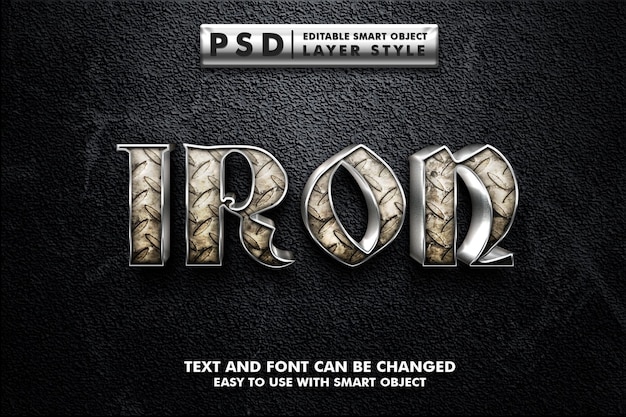 Iron 3d realistischer texteffekt premium psd mit intelligentem objekt