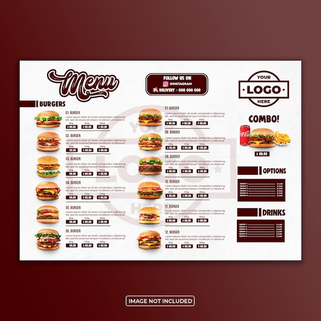 Irresistível gourmet burger menu psd template