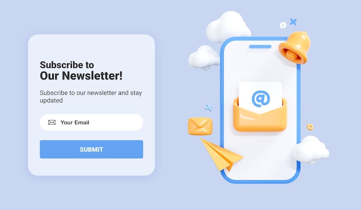 Iscriviti al modello di banner della newsletter Telefono cellulare con lettera nella busta Abbonamento a notizie e promozioni Newsletter e-mail online Pagina web di marketing e business Mockup dell'interfaccia utente Rendering 3D