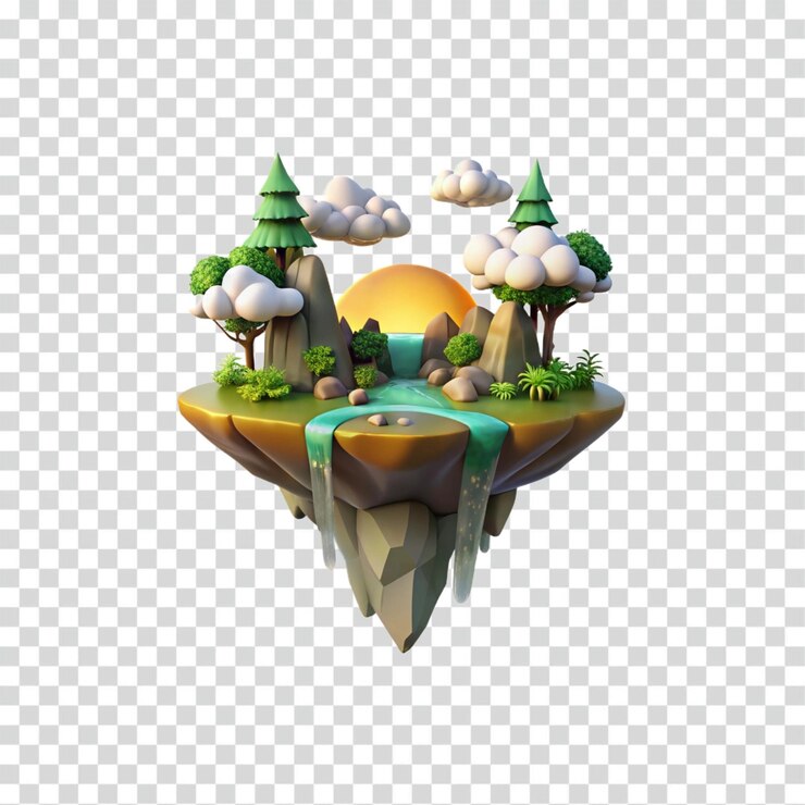 PSD isla del atardecer 3d render de un paisaje de isla flotante de fantasía