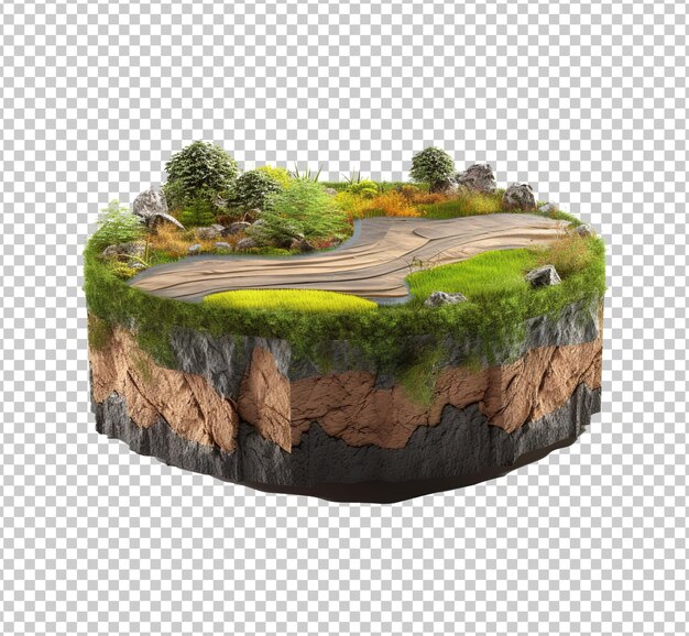 PSD isla flotante de fantasía con hierba natural surrealista renderización 3d tierra flotante de piedra paraíso aislado