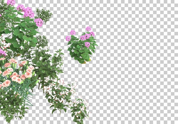 Isla de hierba con flores sobre fondo transparente ilustración de renderizado 3d