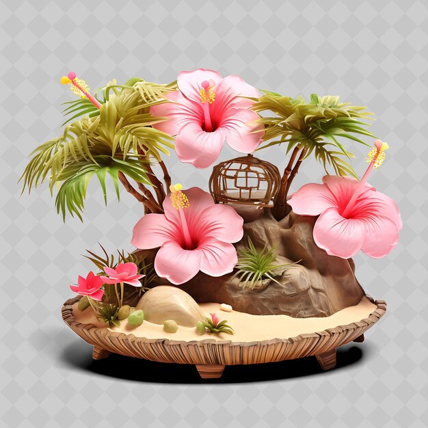 PSD una isla tropical con flores y una canasta de cocos