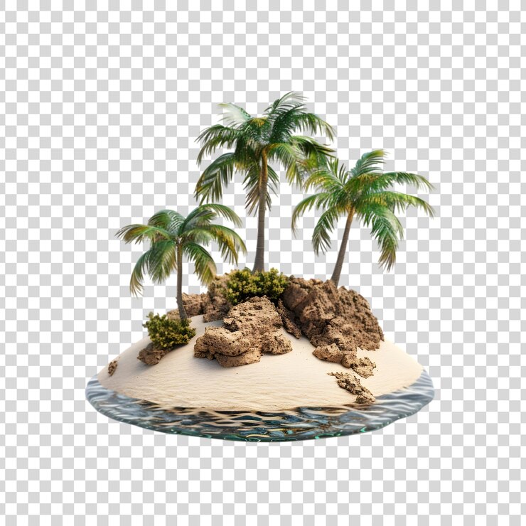 PSD isla tropical con palmeras y arena aisladas en un fondo transparente