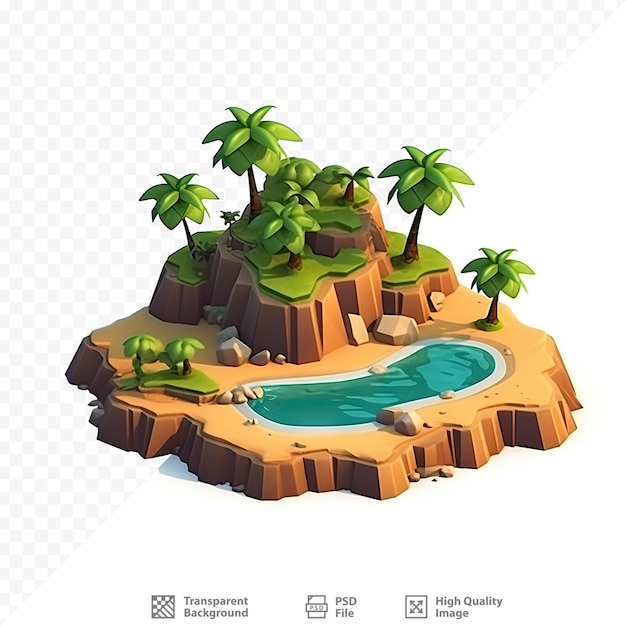 Una isla tropical con palmeras y una piscina.