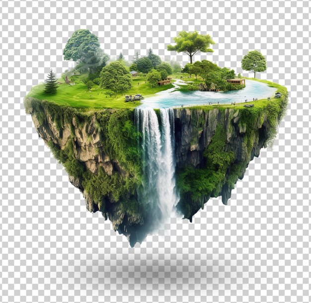 isla voladora con hermoso paisaje hierba verde y cascadas montañas ilustración 3d tierra