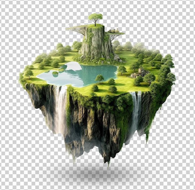 Isla voladora con hermoso paisaje hierba verde y cascadas montañas ilustración 3d tierra