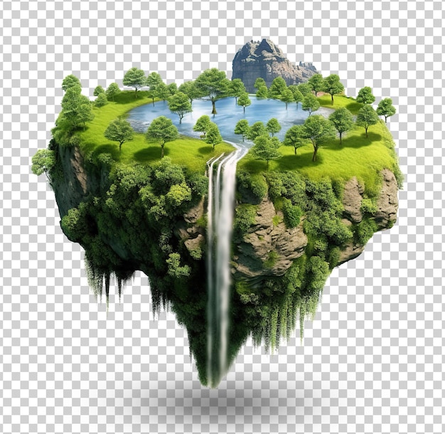 PSD isla voladora con hermoso paisaje hierba verde y cascadas montañas ilustración 3d tierra